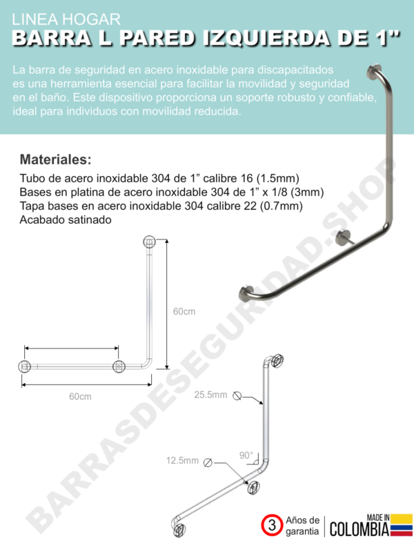 Barra de Seguridad en L Pared Derecha en Acero Inoxidable Para Baño - Image 4