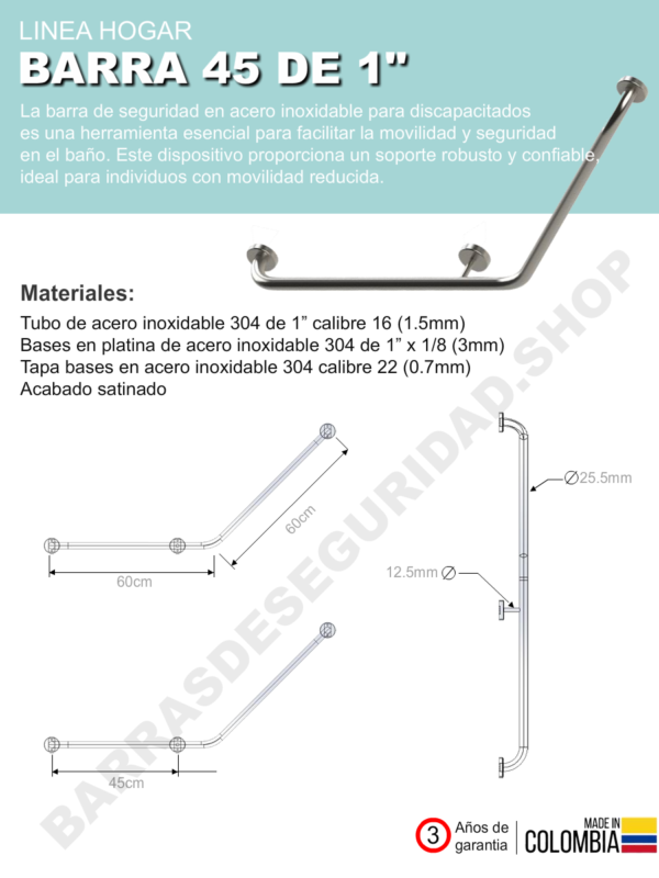 Barra de Seguridad Derecha 45° de 1" en Acero Inoxidable Para Baño - Image 4